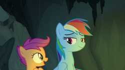 Size: 1280x720 | Tagged: safe, screencap, rainbow dash, scootaloo, pegasus, pony, campfire tales, g4, female, filly, foal, folded wings, i did like that story, lidded eyes, looking at each other, looking at someone, mare, open mouth, sitting, smiling, wings