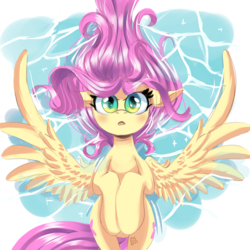 Size: 3500x3500 | Tagged: safe, artist:ask-colorsound, fluttershy, pegasus, pony, g4, blushing, female, floating, high res, mare, open mouth, solo, spread wings, water, wings