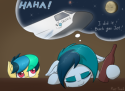 Size: 1864x1356 | Tagged: safe, artist:puetsua, oc, oc only, oc:apogee, oc:delta vee, pegasus, pony, bottle, dream, eyes closed, female, filly, floppy ears, mare, moon, semi-vulgar, sleeping, space shuttle