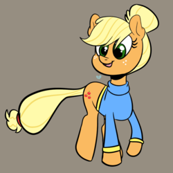 Size: 768x768 | Tagged: safe, artist:ozzybae, applejack, earth pony, pony, g4, alternate hairstyle, bottomless, brown background, clothes, cute, female, hair bun, jackabetes, partial nudity, simple background, solo