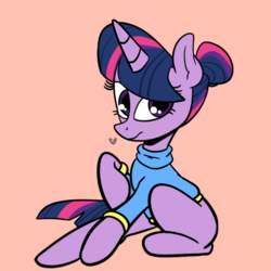 Size: 768x768 | Tagged: safe, artist:ozzybae, twilight sparkle, pony, g4, alternate hairstyle, bottomless, clothes, cute, female, hair bun, heart, missing cutie mark, partial nudity, pink background, simple background, sitting, solo, twiabetes