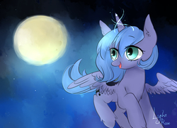 Size: 1200x875 | Tagged: safe, artist:lity, princess luna, alicorn, pony, g4, chest fluff, cute, ear fluff, eye clipping through hair, female, filly, flying, full moon, leg fluff, lunabetes, magic, moon, night, open mouth, pixiv, sky, solo, spread wings, wings, woona, younger