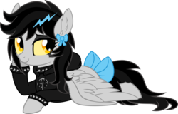 Size: 6002x3850 | Tagged: safe, artist:aureai, oc, oc only, oc:lightning dee, pegasus, pony, .svg available, black hair, bow, bring me the horizon, choker, clothes, colored sclera, commission, ear fluff, emo, eyeshadow, female, hair bow, hair ornament, happy, hoodie, hoof on cheek, lidded eyes, looking at you, looking back, makeup, mare, messy mane, prone, ribbon, simple background, smiling, solo, spiked choker, spiked wristband, spread wings, svg, tail bow, transparent background, vector, wings, wristband, yellow sclera