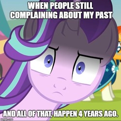 Size: 500x500 | Tagged: safe, artist:agrol, edit, starlight glimmer, sunburst, pony, unicorn, time for two, g4, angry, background pony, bags under eyes, caption, close-up, day, discussion in the comments, drama, engrish, female, frown, glare, glarelight glimmer, grammar error, image macro, imgflip, impact font, inconvenient starlight, intimidation, looking at you, male, mare, outdoors, scary, shrunken pupils, solo focus, stallion, staring into your soul, starlight drama, starlight drama drama, text, this will end in gulag, wide eyes