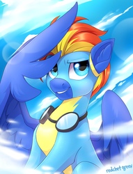 Size: 1100x1438 | Tagged: safe, artist:redchetgreen, oc, oc:wing hurricane, pony, clothes, goggles, looking up, smiling, uniform, wonderbolts uniform
