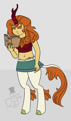 Size: 1490x2532 | Tagged: safe, artist:oneovertwo, oc, oc only, oc:xiaohui, satyr, belly button, book, breasts, clothes, female, midriff, miniskirt, parent:autumn blaze, parent:oc:anon, skirt, solo, tail, tank top, thighs