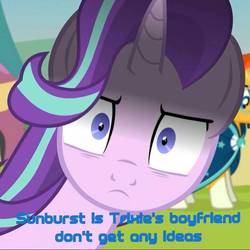 Size: 720x719 | Tagged: safe, artist:agrol, edit, edited screencap, screencap, starlight glimmer, sunburst, pony, unicorn, time for two, g4, caption, cropped, female, frown, glare, glarelight glimmer, glimmerposting, image macro, implied trixburst, looking at you, male, mare, meme, mouthpiece, op is a duck, op is trying to start shit, shipper on deck, shipping, solo focus, stallion, starlight shipper, straight, text, wide eyes
