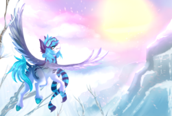 Size: 2157x1462 | Tagged: safe, artist:requiem♥, oc, oc only, oc:nayhade, pegasus, pony, begging, blizzard, blue mane, blue tail, clothes, cloud, coat markings, colored hooves, colored wings, colored wingtips, crumpled, ear fluff, flying, frog (hoof), glasses, goggles, looking up, mountain, scarf, sky, snow, snowfall, solo, spread wings, sun, tail wrap, tree, underhoof, unshorn fetlocks, wings, winter