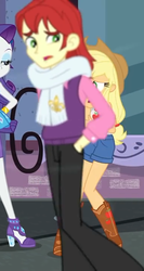 Size: 382x720 | Tagged: safe, screencap, applejack, nolan north, rarity, equestria girls, g4, my little pony equestria girls: better together, street chic, background human, clothes, cropped, hand in pocket, high heels, male, pants, scarf, shoes