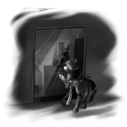 Size: 995x995 | Tagged: safe, artist:cosmalumi, oc, oc only, oc:nighttide star, cyborg, pony, black and white, female, grayscale, looking out the window, mare, monochrome, sad, simple background, solo, standing, transparent background