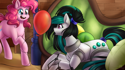 Size: 1920x1080 | Tagged: safe, artist:cosmalumi, pinkie pie, oc, oc:nighttide star, cyborg, earth pony, pony, g4, balloon, couch, curious, cutie mark, duo, fainting couch, female, indoors, lying down, mare, pillow, raised hoof, smiling