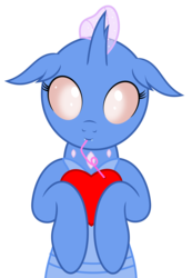 Size: 3117x4503 | Tagged: safe, artist:waveywaves, oc, oc only, changedling, changeling, changeling oc, drink, drinking, fangs, floppy ears, heart, looking at you, simple background, straw, transparent background