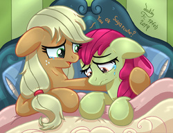 Size: 1170x900 | Tagged: safe, artist:joakaha, apple bloom, applejack, earth pony, pony, g4, bed, bedroom, comforting, crying, dialogue, female, floppy ears, open mouth, pillow, question, sad, siblings, sisters, wavy mouth