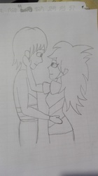 Size: 2336x4160 | Tagged: safe, artist:miriamsparklemlp, princess ember, thorax, human, g4, female, humanized, interspecies, looking at each other, male, pencil drawing, ship:embrax, shipping, straight, traditional art