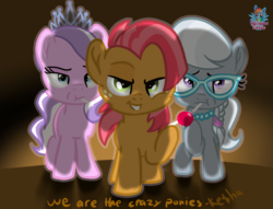 Size: 1564x1192 | Tagged: safe, artist:rainbow eevee, babs seed, diamond tiara, silver spoon, g4, one bad apple, candy, crazy kids, cute, female, filly, food, ke$ha, lollipop, shadow, text, we are the crazy ponies