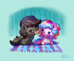 Size: 1378x1146 | Tagged: safe, artist:holivi, oc, oc only, oc:oofy colorful, pegasus, pony, unicorn, abstract background, blue background, blushing, chibi, commission, cookie, couple, female, food, glasses, picnic blanket, simple background