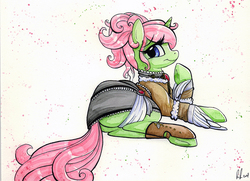 Size: 1036x752 | Tagged: safe, artist:prettypinkpony, oc, oc only, pony, unicorn, clothes, dress, smiling, solo, steampunk, traditional art, underhoof