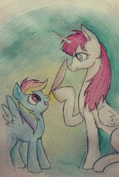 Size: 1378x2048 | Tagged: safe, artist:daisymane, rainbow dash, oc, oc:fausticorn, alicorn, pegasus, pony, g4, boop, drawn into existence, female, mare, quill, quill pen, traditional art