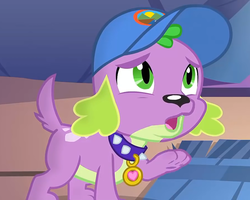 Size: 899x720 | Tagged: safe, screencap, spike, spike the regular dog, dog, equestria girls, g4, my little pony equestria girls: legend of everfree, camp everfree logo, cap, collar, hat, male, open mouth, paw pads, paws, spike's dog collar