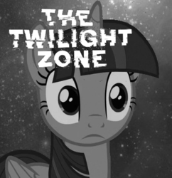 Size: 378x391 | Tagged: safe, twilight sparkle, alicorn, pony, g4, black and white, female, grayscale, monochrome, pun, solo, the twilight zone, twilight sparkle (alicorn), word play