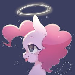 Size: 2042x2048 | Tagged: safe, artist:koto, pinkie pie, earth pony, pony, g4, bust, female, floating wings, halo, high res, mare, solo, starry eyes, tongue out, wingding eyes, wings