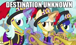 Size: 899x540 | Tagged: safe, edit, edited screencap, screencap, clarion call, cornetta, note flow, pony, unicorn, g4, triple threat, background pony, caption, clothes, destination calabria, funny, glowing horn, hat, horn, image macro, impact font, levitation, magic, magic aura, marching band, marching band uniform, meme, musical instrument, smiling, song reference, telekinesis, text, trumpet, uniform