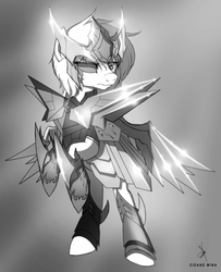 Size: 1367x1680 | Tagged: safe, artist:zidanemina, double diamond, earth pony, pony, g4, armor, crossover, grayscale, male, monochrome, quickie, rearing, saint seiya, solo, stallion