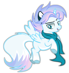 Size: 1840x1944 | Tagged: dead source, safe, artist:rainbows-skies, oc, oc only, oc:aqua artist, alicorn, pony, alicorn oc, clothes, colored lineart, eyebrows, flying, looking at something, male, open mouth, raised eyebrow, scarf, simple background, smiling, solo, spread wings, stallion, talking, transparent background, white outline, wings