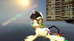 Size: 1280x720 | Tagged: safe, artist:johnnyxluna, oc, oc only, oc:lightning bliss, pony, 3d, city, goggles, one eye closed, sailboat, source filmmaker, sun, tongue out, water, wink