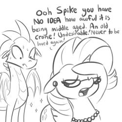 Size: 1500x1500 | Tagged: safe, artist:tjpones, rarity, spike, dragon, pony, unicorn, comic:hindsight is 2020, g4, adult, adult spike, age difference, cougar, dialogue, duo, duo male and female, ear piercing, eyes closed, eyes on the prize, female, floppy ears, glasses, jewelry, lineart, looking at butt, male, mare, marshmelodrama, necklace, nervous, older, older rarity, older spike, open mouth, pearl necklace, piercing, quadrupedal spike, ship:sparity, shipping, simple background, sparkles, spread wings, straight, sweat, text, white background, winged spike, wings, wrong