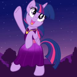 Size: 849x849 | Tagged: safe, artist:lannielona, twilight sparkle, alicorn, pony, g4, animated, barely animated, bush, clothes, cute, dancing, dress, eye shimmer, female, gif, heart locket, hill, jewelry, locket, looking up, mare, necklace, night, purple, show accurate, sky, smiling, solo, sparkly eyes, stars, tree, twiabetes, twilight sparkle (alicorn), wingding eyes, ych result