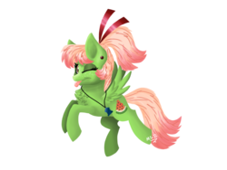 Size: 2048x1536 | Tagged: safe, artist:melonseed11, oc, oc only, oc:melon seed, pegasus, pony, chest fluff, ear piercing, female, flying, freckles, hair ribbon, jewelry, lineless, mare, necklace, one eye closed, piercing, signature, simple background, solo, spread wings, tongue out, transparent background, wings, wink