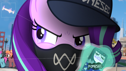 Size: 3840x2160 | Tagged: safe, artist:bastbrushie, starlight glimmer, pony, unicorn, g4, bandana, crossover, hat, high res, mask, phone, san francisco, watch dogs