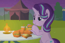 Size: 580x388 | Tagged: safe, artist:agrol, starlight glimmer, pony, unicorn, time for two, g4, animated, burger, eating, female, food, hay burger, solo, table