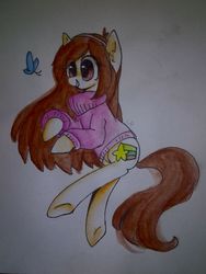 Size: 960x1280 | Tagged: safe, artist:lity, butterfly, earth pony, pony, clothes, crossover, female, gravity falls, mabel pines, male, ponified, smiling, solo, sweater, traditional art, underhoof