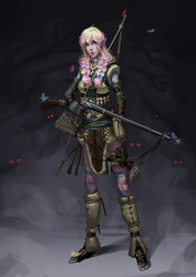 Size: 2059x2912 | Tagged: dead source, safe, artist:sunset tide, fluttershy, butterfly, human, insect, bow (weapon), braid, clothes, elf ears, eyes in the dark, female, flintlock, flower, flower in hair, gray background, gun, humanized, rifle, simple background, solo, weapon, wing ears, woman