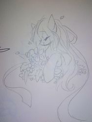Size: 960x1280 | Tagged: safe, artist:lity, pony, eyes closed, flower, hair ribbon, monochrome, sketch, solo, traditional art