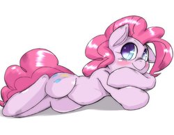 Size: 1975x1536 | Tagged: safe, artist:kurogewapony, pinkie pie, pony, g4, blushing, colored pupils, cute, diapinkes, female, lying down, mare, simple background, smiling, solo, white background