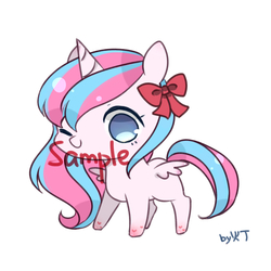 Size: 1400x1400 | Tagged: safe, artist:lity, oc, oc only, alicorn, pony, bow, chibi, cute, hair bow, no pupils, one eye closed, simple background, solo, watermark, white background, wink