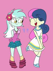 Size: 1200x1600 | Tagged: safe, artist:nene, bon bon, lyra heartstrings, sweetie drops, equestria girls, g4, adorabon, blushing, boots, clothes, cute, dress, eyes closed, female, implied lesbian, implied lyrabon, implied shipping, lyrabetes, pink background, shoes, simple background, smiling