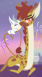 Size: 700x1300 | Tagged: safe, artist:dragonpone, derpibooru exclusive, angel bunny, clementine, giraffe, rabbit, g4, blush sticker, blushing, boop, eyes closed, female, fireworks, full moon, interspecies, lidded eyes, lineless, male, moon, noseboop, prone, ship:angina, shipping, smiling, stars, straight, twilight (astronomy), water fountain