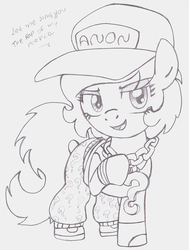 Size: 754x1000 | Tagged: safe, artist:lockhe4rt, oc, oc only, oc:filly anon, earth pony, pony, clothes, dialogue, female, filly, hat, lineart, looking at you, pants, raised hoof, simple background, solo, white background
