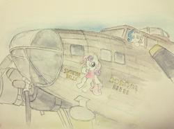 Size: 1024x762 | Tagged: safe, artist:daisymane, rarity, sweetie belle, pony, unicorn, g4, b-17 flying fortress, female, mare, plane, simple background