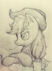 Size: 748x1024 | Tagged: safe, artist:daisymane, applejack, earth pony, pony, g4, female, hat, mare, monochrome, simple background, sketch, solo