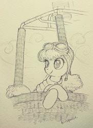 Size: 747x1024 | Tagged: safe, artist:daisymane, cherry berry, earth pony, pony, g4, aviator hat, cloud, female, goggles, hat, hot air balloon, mare, monochrome, pencil drawing, sketch, smiling, solo, traditional art