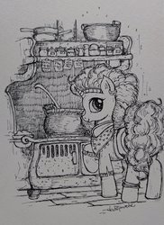 Size: 747x1024 | Tagged: safe, artist:daisymane, saffron masala, pony, unicorn, g4, spice up your life, clothes, cooking, ear piercing, female, ink drawing, jewelry, looking at you, mare, monochrome, piercing, raised hoof, solo, stove, traditional art