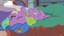Size: 525x293 | Tagged: safe, screencap, spike, spike the regular dog, dog, equestria girls, g4, my little pony equestria girls: legend of everfree, camp everfree logo, cap, cropped, eyes closed, hat, male, paws, sleeping, solo