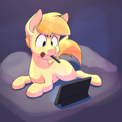 Size: 5000x5000 | Tagged: safe, artist:solarbutt, oc, oc only, pony, absurd resolution, drawing, drawing tablet, lying down, lying on bed, male, stallion, tongue out