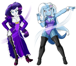 Size: 3120x2736 | Tagged: safe, artist:danmakuman, rarity, trixie, human, equestria girls, g4, armpits, boots, breasts, busty rarity, busty trixie, cleavage, clothes, duo, duo female, female, high res, shoes, socks, thigh boots, thigh highs, thigh socks