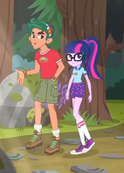 Size: 410x570 | Tagged: safe, screencap, sci-twi, timber spruce, twilight sparkle, human, equestria girls, g4, my little pony equestria girls: legend of everfree, boots, camp everfree logo, camp everfree outfits, clothes, converse, cropped, female, glasses, hand in pocket, legs, male, ponytail, shoes, shorts, sneakers, socks